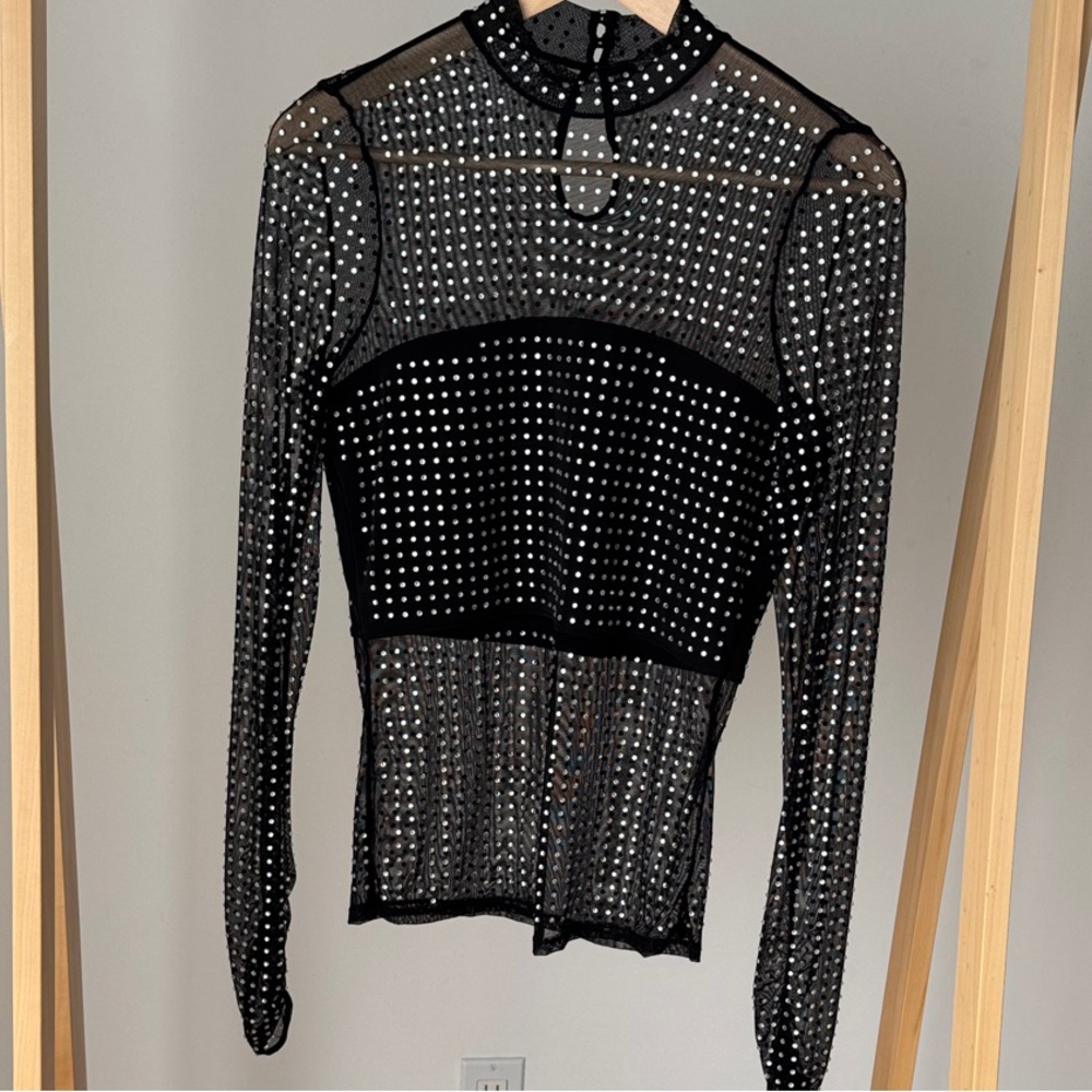 Black Mesh Rhinestone Long Sleeve Top